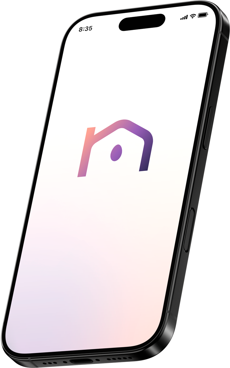 iPhone on slight angle with Nestio splash screen and logo showing. 